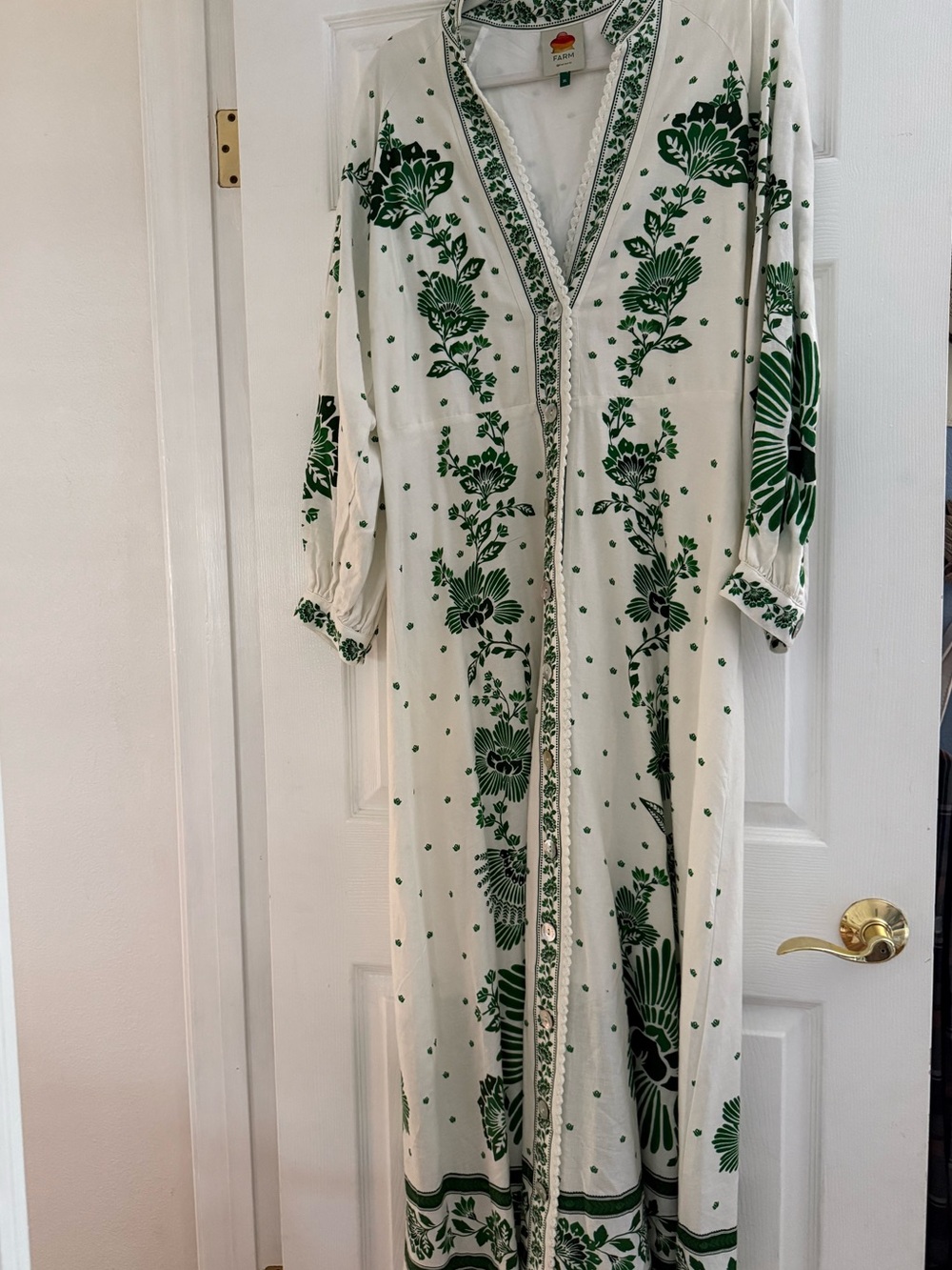 Farm Rio White Maxi Dress with Green Floral Print